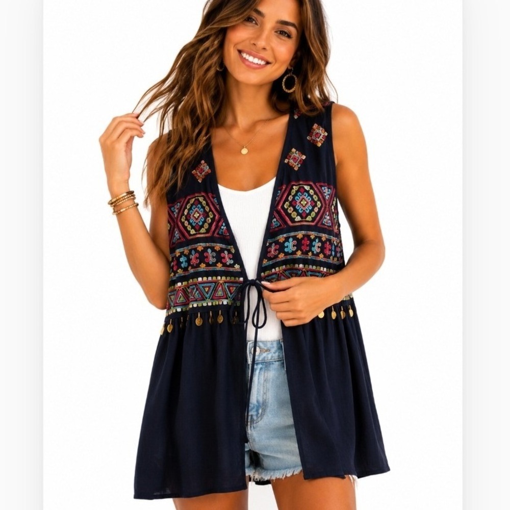 Haute Project Tunic Top Womens Medium Navy Blue Embroidered Coin Charm Bin D